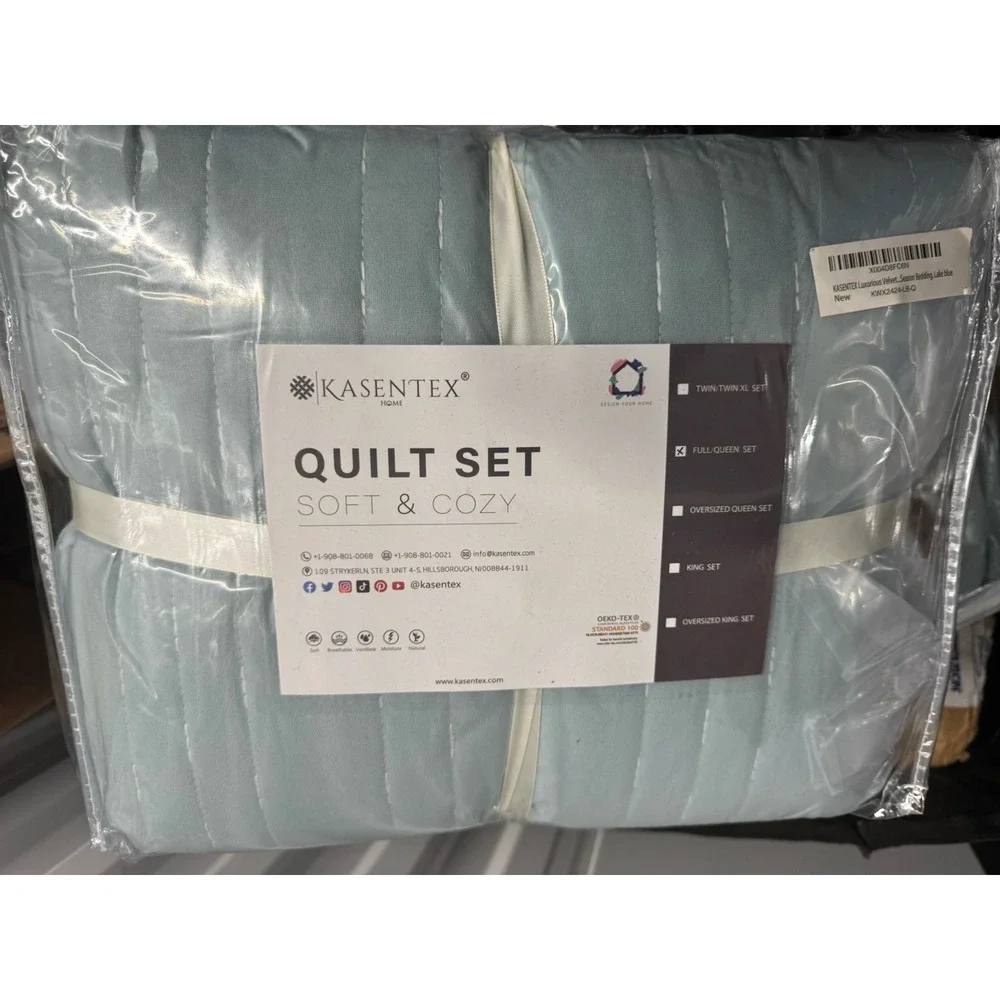 Kasentex Velvet Quilt Set Luxury Quilt 3PC Set Full/ Queen Lake Blue